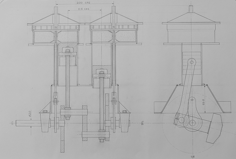 Layout Drawing for 2 cylinder version with horizontal crank